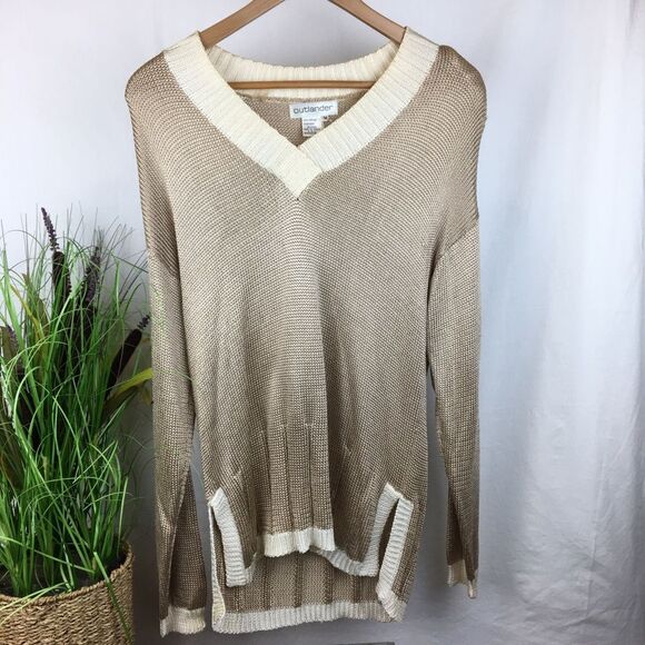 Neiman Marcus Outlander Tan & Ivory Knit Vintage Long Sleeve Tunic Sweater M - Picture 2 of 9